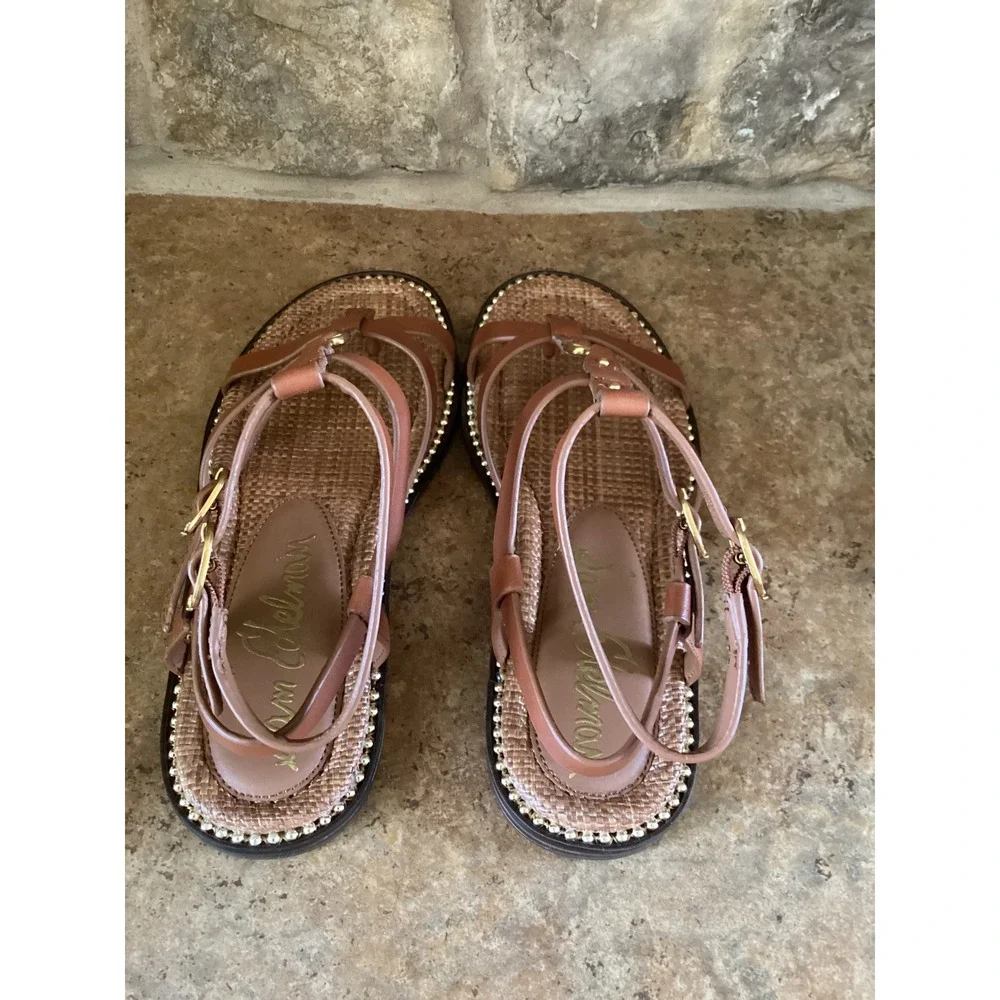 Sam Edelman Teeni Cognac Leather Gladiator Sandals Woven Raffia Gold Logo 7M NEW